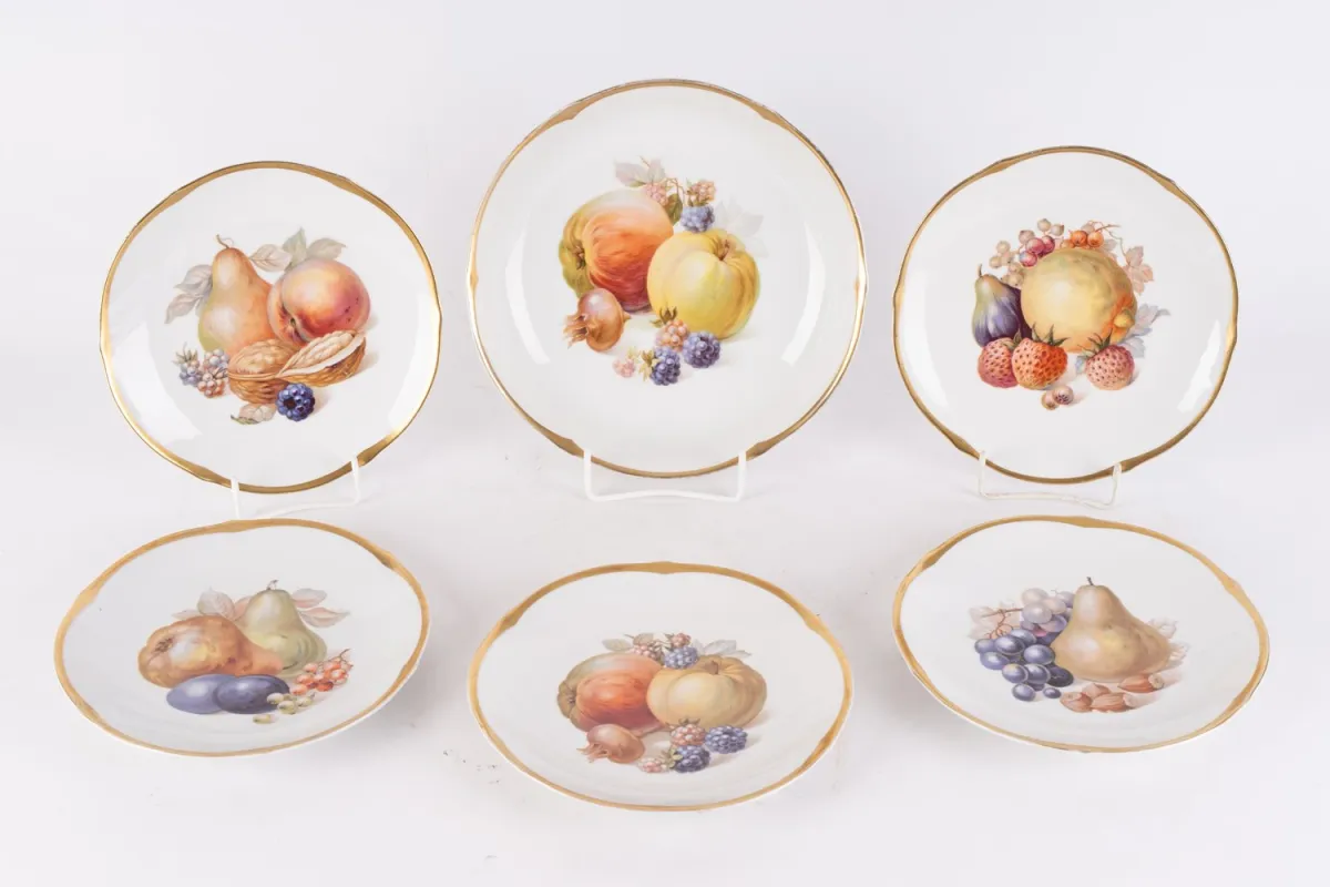 6-piece fruit service, Schumann porcelain, lithographed fruit decor, gilding partially rubbed, consisting of fruit…