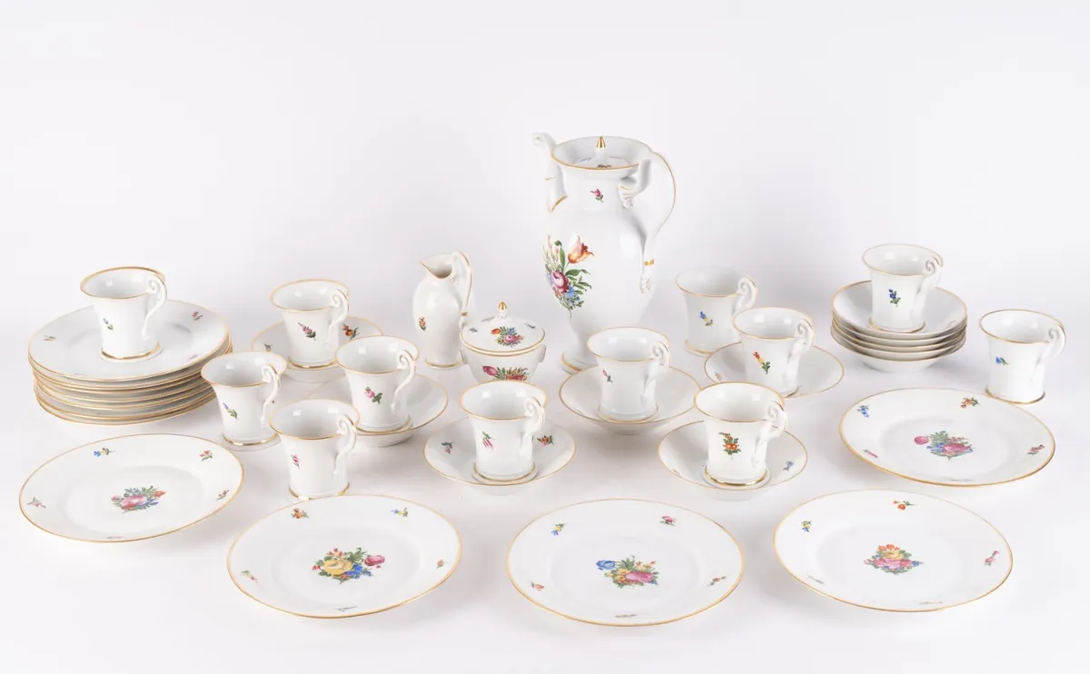 38-piece Empire coffee service, Nymphenburg, Bavarian white porcelain with polychrome floral painting and subtle gilding…
