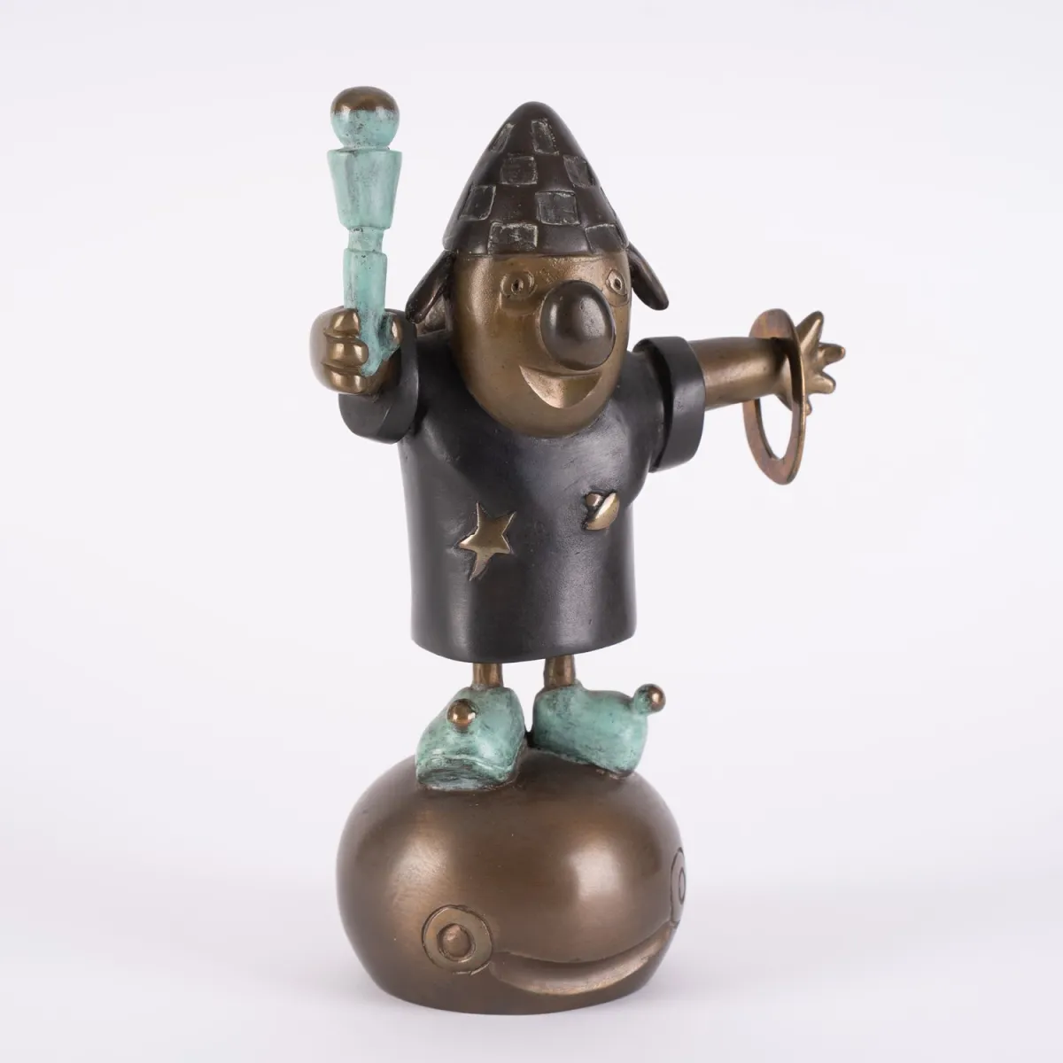 Harlequin - clown standing on a ball, multi-coloured patinated, limited, multiple bronze figure, very good condition…