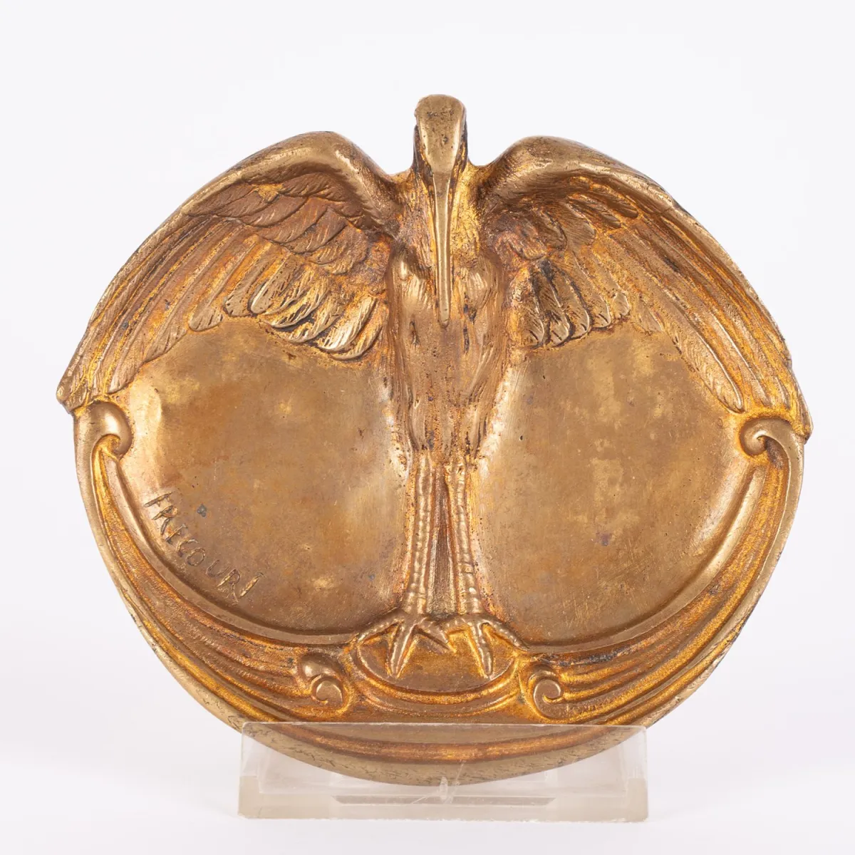 Stiftablage mit plastischem Marabu-Motiv, Art Deco der 1920er Jahre, Bronze, signiert: FRECOURT = Maurice Frecourt (1890…