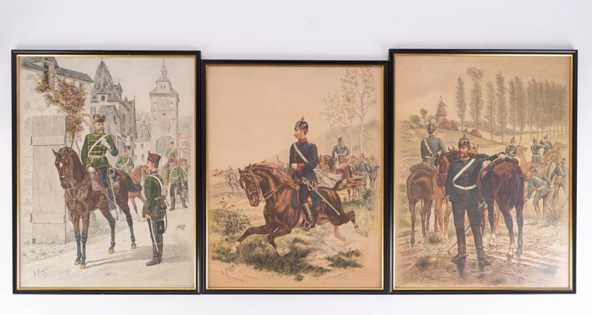 Série de 3 impressions couleur encadrées sous verre de représentations de troupes prussiennes. D'après originaux de G. Arnould, légèrement d…