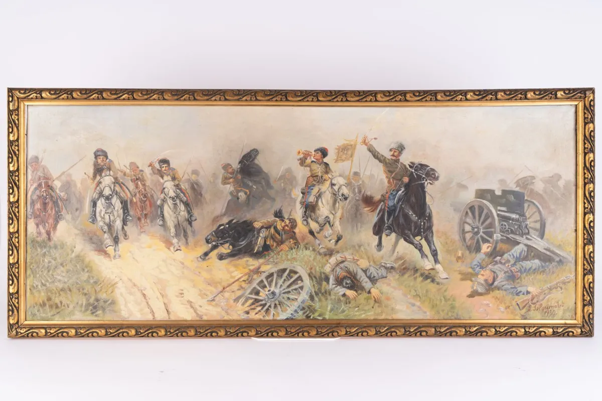 Kozacy konni w walce, olej na płótnie, ok. 40 x 100 cm