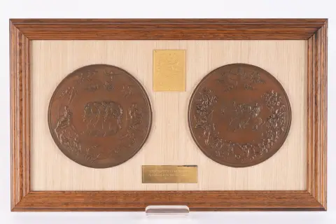 The Waterloo Medal, encadrée sur panneau recouvert de tissu, diamètre env. 13 cm, plaquette ronde en bronze; sur plaque de laiton...