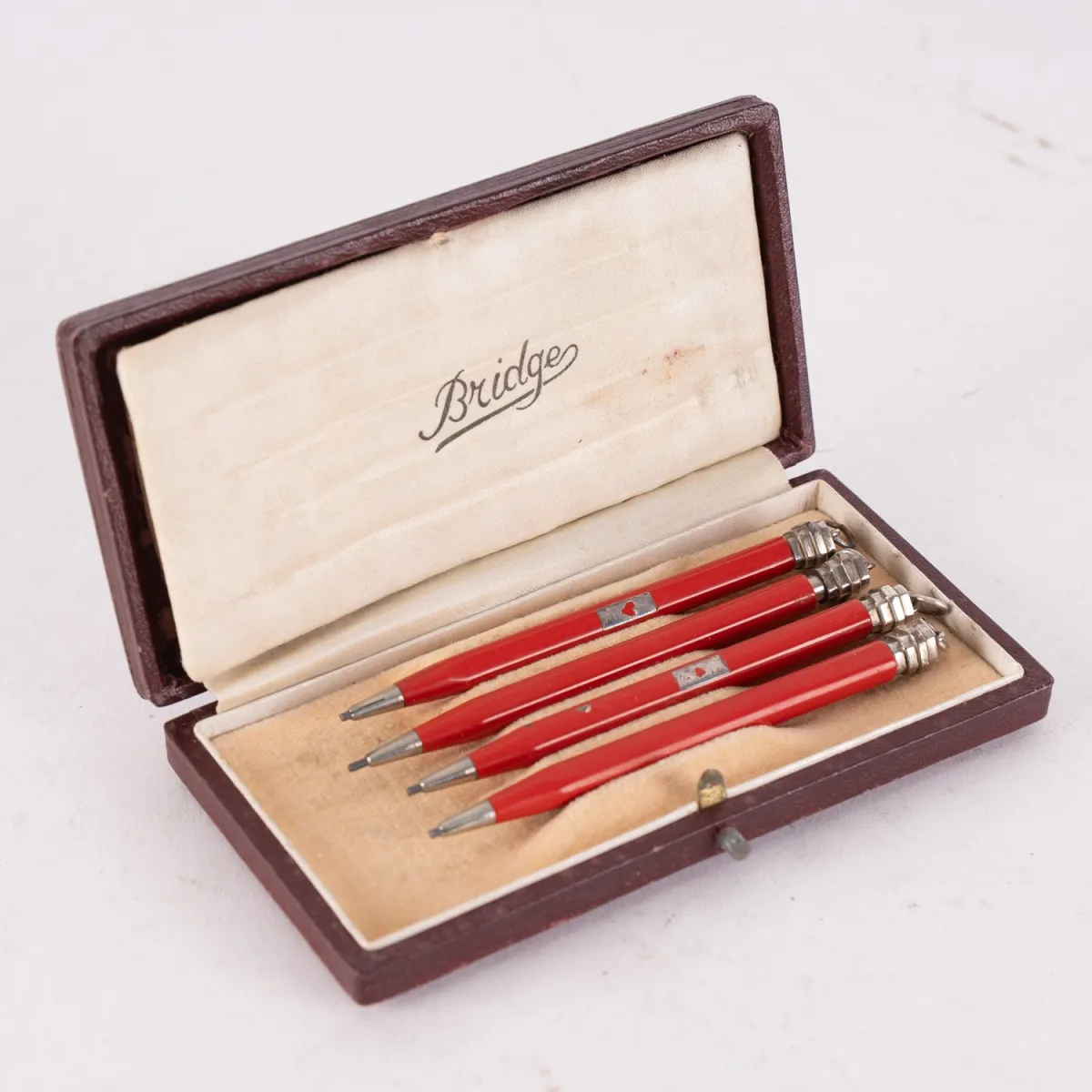 4-piece Bridge pen set in original box, upper end with 900 silver mount, pen length approx. 8 cm each