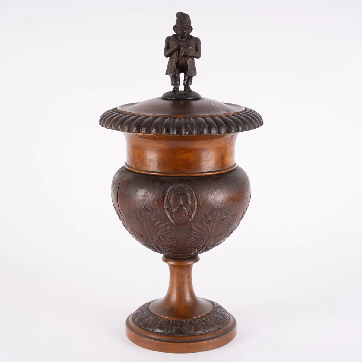 Rare antique wooden tobacco jar, late neoclassical in urn vase form on stepped profiled round base