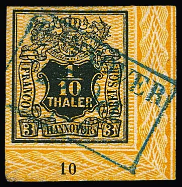 1/10 Th. černá/oranžová, vzácné pravý dolní kabinetní okrajový roh archu s úplným Ra3 z Hannoveru a číslem řady "10", sběratelský kus! Sign. Drahn, Kruschel, Pfenninger, Engel a certifikát Berger, ze sbírky Bovensiepen (1. aukce Kruschel 1970), 11. aukce Rauhut 1993