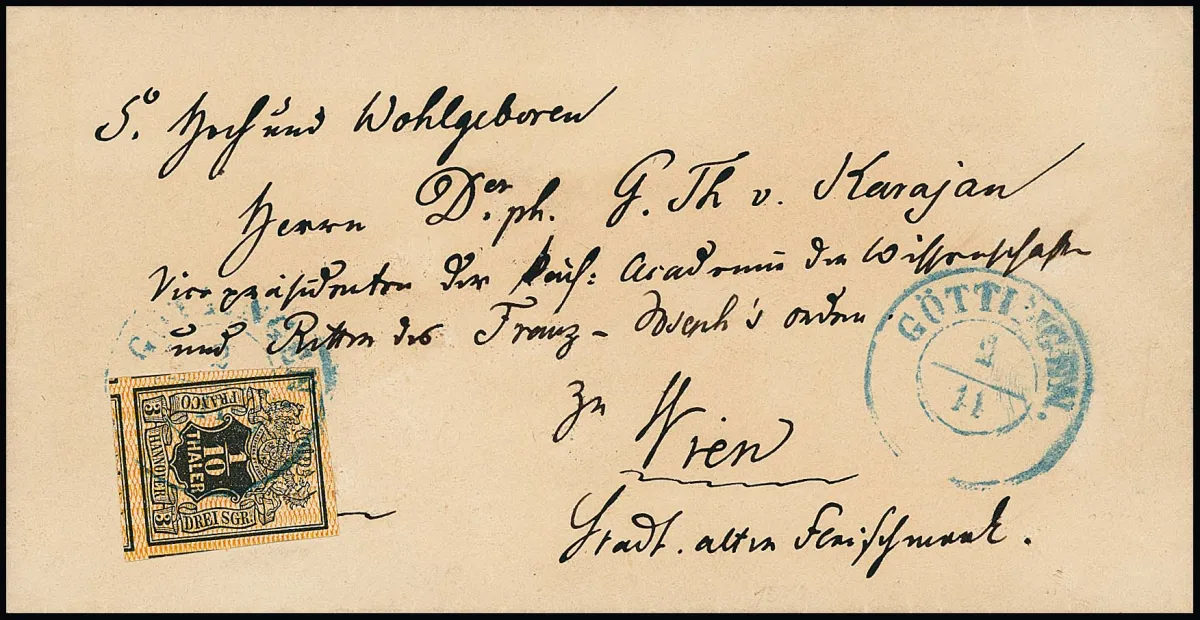 1/10 Th. schw./orange, pour ce timbre difficile une qualité de coupe exceptionnelle, grandes marges avec parties de timbres voisins sur trois côtés (!), sur enveloppe de cabinet de Göttingen (K2) de la célèbre correspondance von Karajan vers Vienne, certificat Jäschke-L.