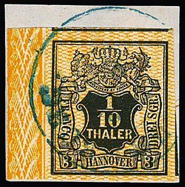 1/10 Th. black/orange, excellently cut luxury border piece on letter piece with K2 "Harburg", left sheet margin