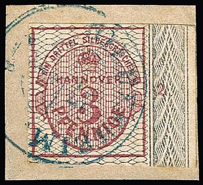 3 Pfge. carmine, black netted, with full border sheet margin right, row number "2", on cabinet letter piece with K2 "Hildesheim"