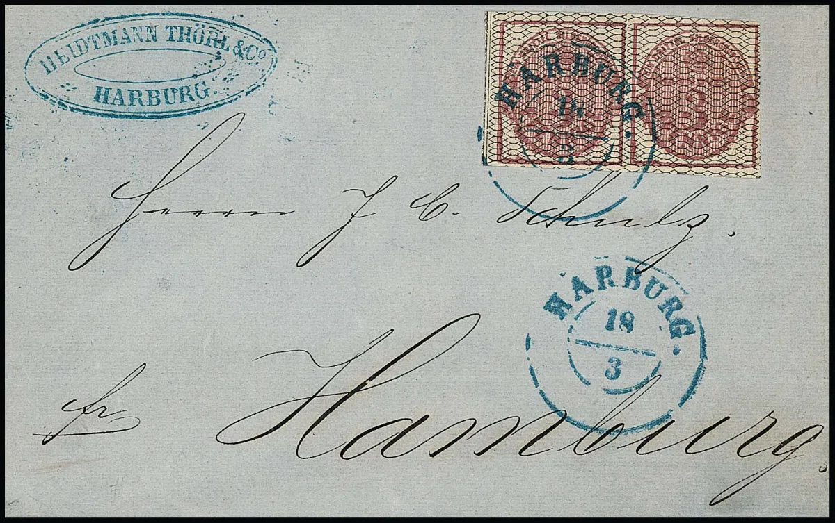 3 Pfge. carmine, black netted, horizontal luxury pair from left sheet margin on folded letter with centered K2 "Harburg" to Hamburg