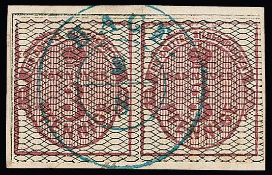 3 Pfge. carmine, black netted, in pair on luxury letter piece with centered K2 "Hage". Certificate Berger "a very beautiful, centrally cancelled pair". Mi. 800,- +