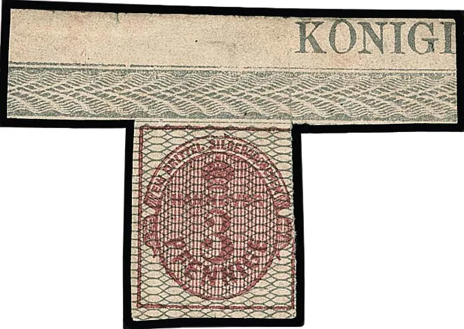 3 Pfge. carmine, grey netted, despite small flaws, spectacular unused top margin piece with 55mm wide border sheet margin and marginal inscription "KONIGL"