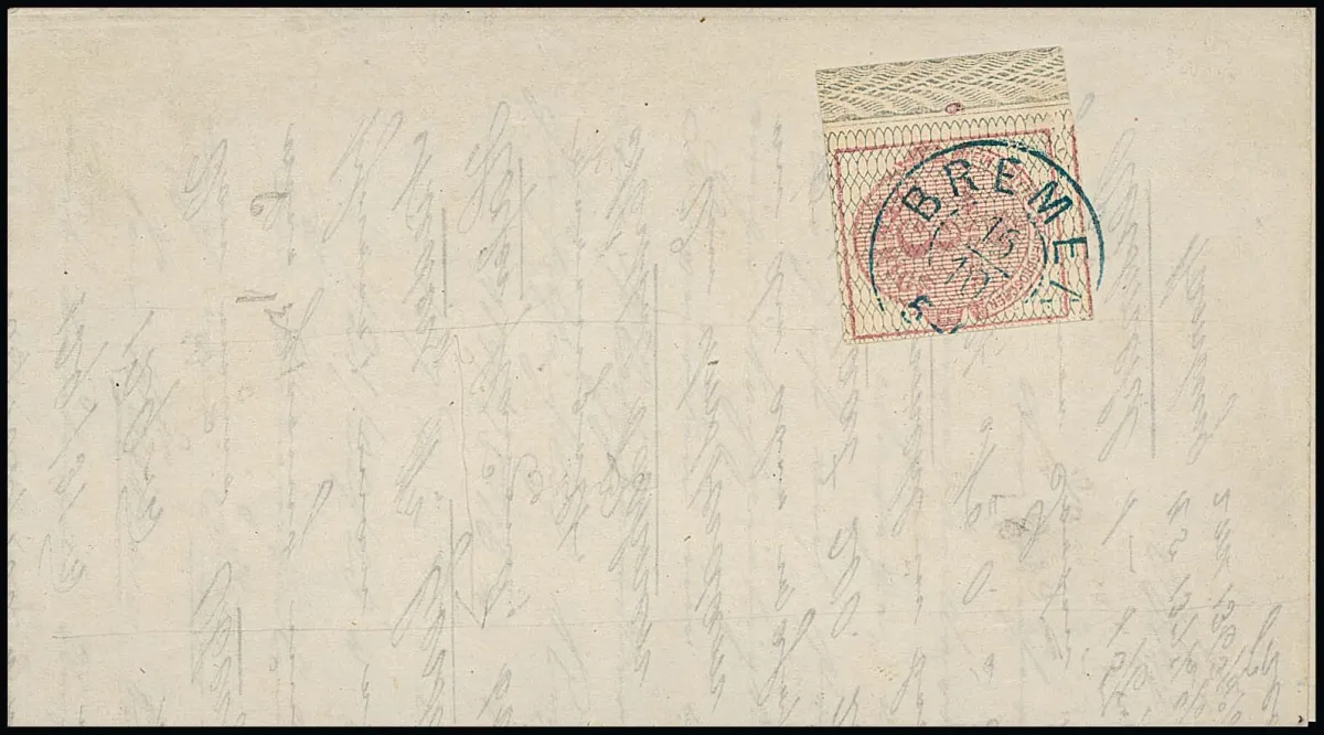 3 Pfge. carmine, grey netted, cabinet border margin piece with row number "6" on printed matter (without band) with K2 "Bremen", certificate Berger