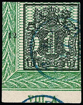 1 Ggr. schw./grün, größere linke untere Kabinett-Bordüren-Bogenecke mit voller Auflage-Ziffer "VIII.A." im Unterrand, K1 von Osterode, Fotoexp. Jäschke-L.