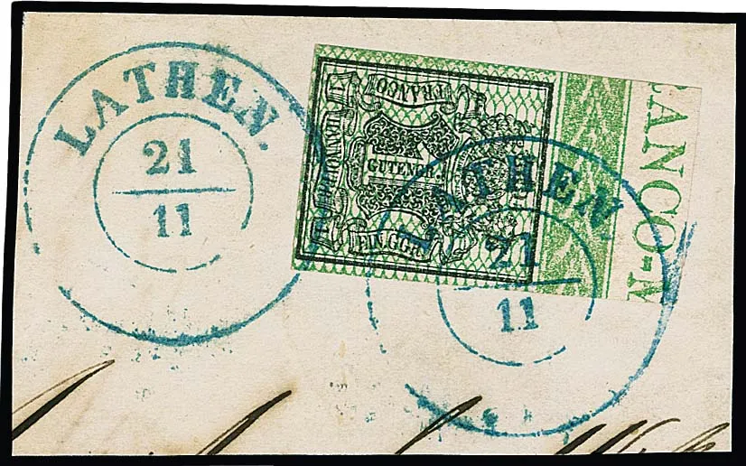 1 Ggr. light green with full top border, "ANCO-M" inscription, on cabinet letter piece with K2 "Lathen"