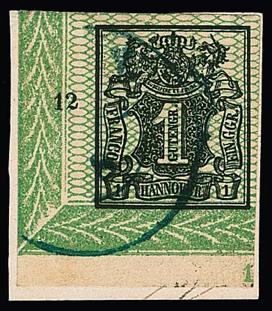 1 Ggr. light green, large bottom left sheet border corner with row number "12" and start of year "1" in bottom margin on letter piece