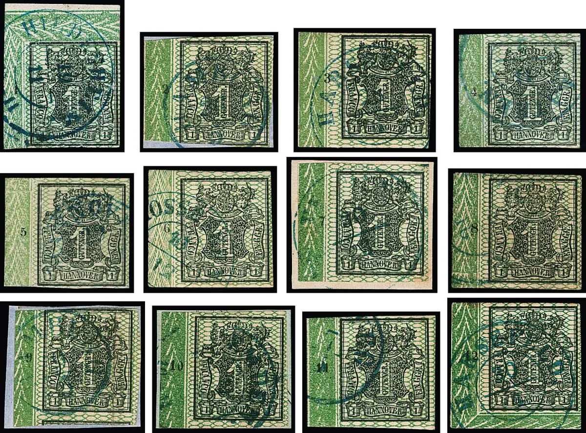 1 Ggr. black/green, complete left border sheet margin strip with row numbers "1" to "12", two values touched, lower left sheet corner with K2 "Harsefeld", photo exp. Berger