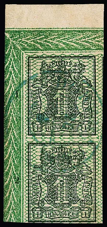 1 Ggr. black/green, partly over-margined luxury border sheet corner pair from upper left sheet corner with centered K2 "Dorfhagen", row numbers "1" and "2", sign. Ressel, photo exp. Berger