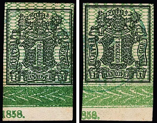 1 Ggr. black/green, two lightly cancelled cabinet border bottom margin pieces each with year "1858" in slightly different positions, one photo exp. Berger