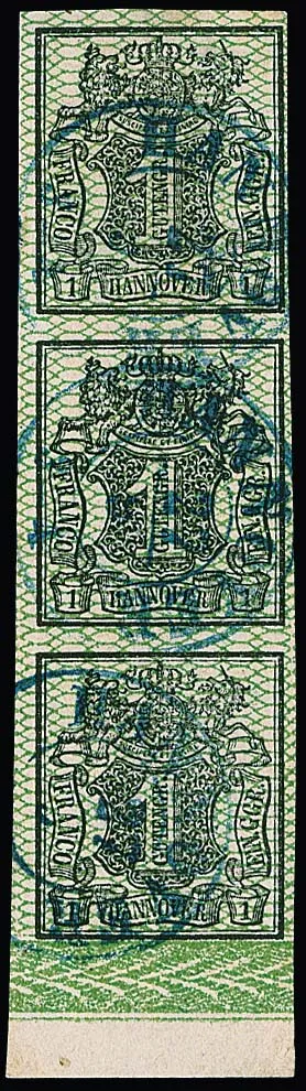 1 Ggr. noir/vert, bande verticale de trois bien margée avec bordure inférieure complète et marge de feuille, K2 "Hannover"