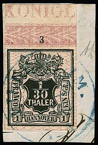 1/30 Th. noir/rose avec bord de feuille supérieur complet, bordure avec numéro de rangée "3" et inscription marginale "KONIGL", sur pièce de lettre de choix avec K2 "Hildesheim"
