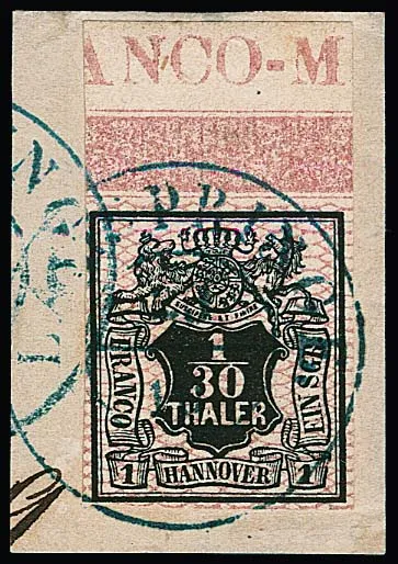 1/30 Th. schw./rosa mit vollem oberem Bordüren-Bogenrand und Inschrift "ANCO-M" auf Kabinettbriefstück mit K2 "Lamspringe", sign. Pfenninger