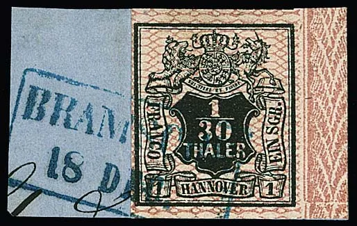 1/30 Th. schw./rosa, rechts mit Bordüren-Bogenrand und dort deutlichem Bordürenbruch, oben mit Nebenmarken, auf Kabinettbriefstück mit Ra2 "Bramsche", ex…