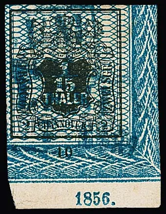 1/15 Th. black/blue, large bottom right border corner (light dots) with double Ra2 "Lesum", row number "10" and year "1856" (rare), photo cert. Jäschke-L.