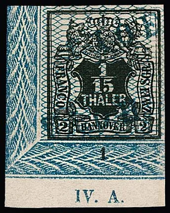 1/15 Th. black/light blue, lower left border corner with L1 "Hage", row number "1" and edition number "IV.A.", very rare (right margin slightly widened)