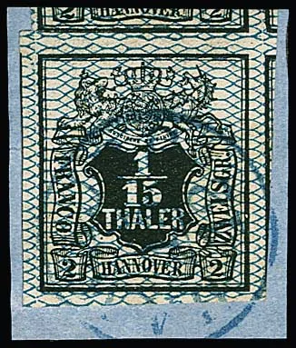 1/15 Th. schw./blau, hervorragend riesenrandiges Luxusstück, sehr ungewöhnlich Teile von vier Nebenmarken an drei Seiten (!), K1 "Hamburg", auf Briefstück.…