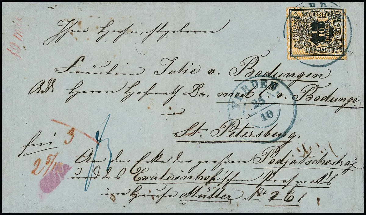 1/10 Th. black/orange, only touched at bottom right, as rare part franking on 1857 foreign letter with K2 "Verden" to St. Petersburg/Russia, franked only to postal union border