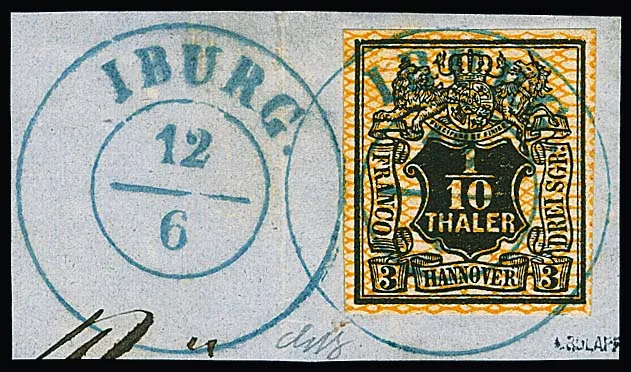 1/10 Th. black/orange on luxury piece with ideal K2 "Iburg" and adjacent, signed Bolaffi