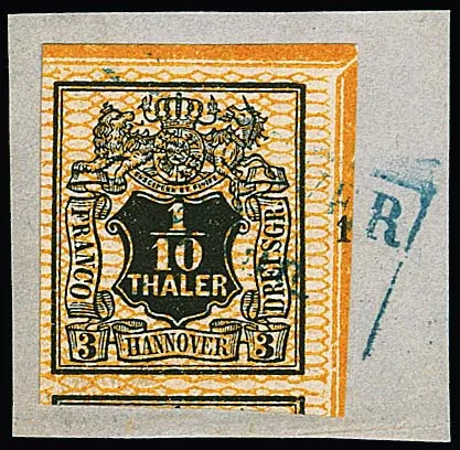 1/10 Th. schw./orange, überrandige kleine rechte obere Bogenecke (Rz. "1") auf Kabinettbriefstück mit Ra3 "Hannover"