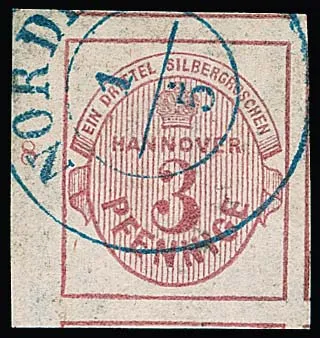 3 Pfge. pink, huge-margined luxury piece with K2 "Norden", left of the sheet margin with row number "8", the other three sides all five (!) possible neighboring stamp margins - exceptional piece! Signed Bühler, Drahn and photo exp. Berger