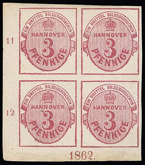 3 Pfge. dark pink, deep-coloured unused cabinet block of four, lower pair mint never hinged, from lower left sheet corner