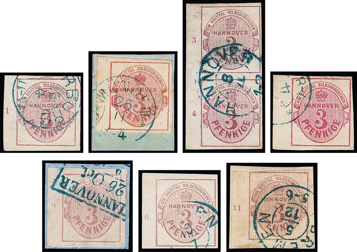 3 Pfge. rose, lilas rose, huit différents bords gauches avec numéros de rangée "1", "2", "3" et "4" en paire de la coll. Boker