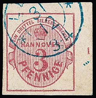 3 Pfge. carmine, wide-margined used upper right cabinet sheet corner with row number "1", multiple signed