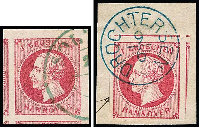 1 Gr. pink, two luxury cut giants with several secondary marks, from the upper right corner with K2 "Soltau" (note Berger), as well as on piece with K1 "Drochtersen"