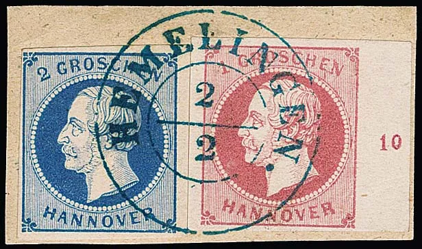 1 Gr. pink from the right sheet margin with row number "10" along with 2 Gr. blue on luxury piece with K2 "Hemelingen" ideally centered. From the 30th Kruschel auction 1990, then Metzer collection, signed R.F. Engel among others.