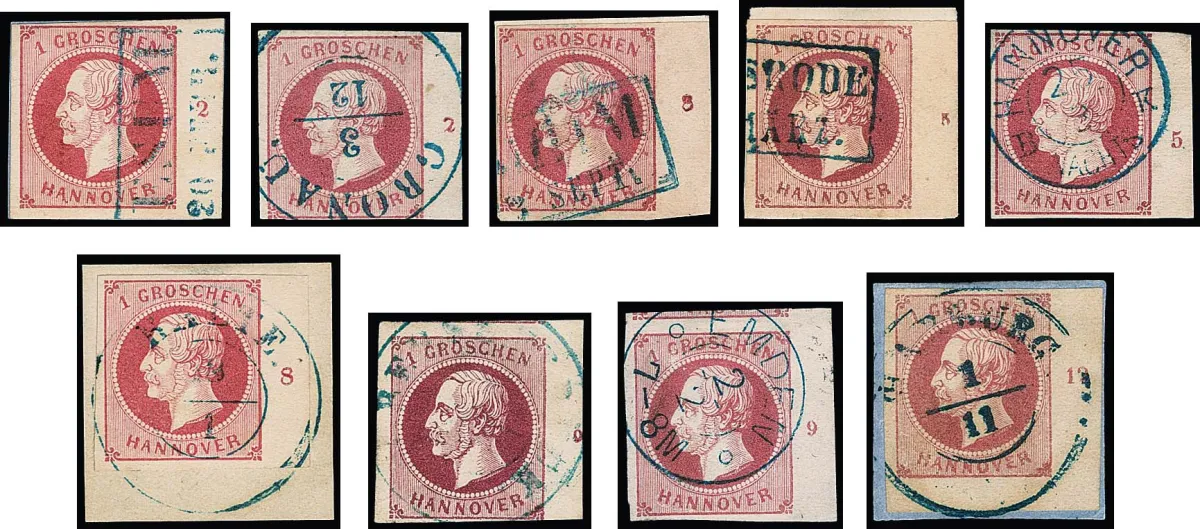 1 Gr. pink, lilac-pink, 19 different used right margin pieces, the row numbers "1" to "12" complete, additionally "2" in different positions, "4" small and large, "5" small and large, "7" different positions, "8" small and large, "9" small and large, as well as "12" different positions, rare offer!
