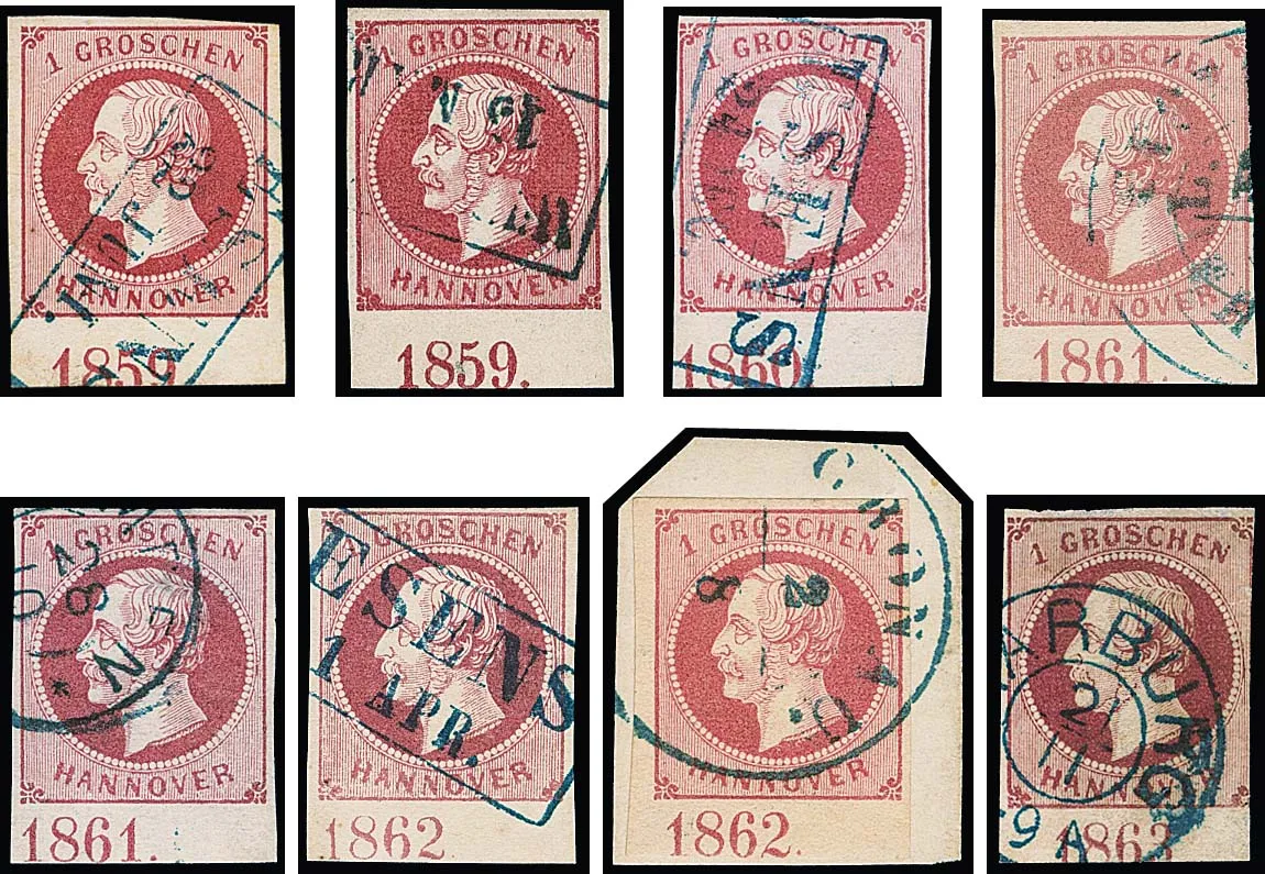 1 Gr. rose, lilas-rose, huit différents bas de feuille oblitérés, qualité variable, avec les années "1859" (positions I et II), "1860"…