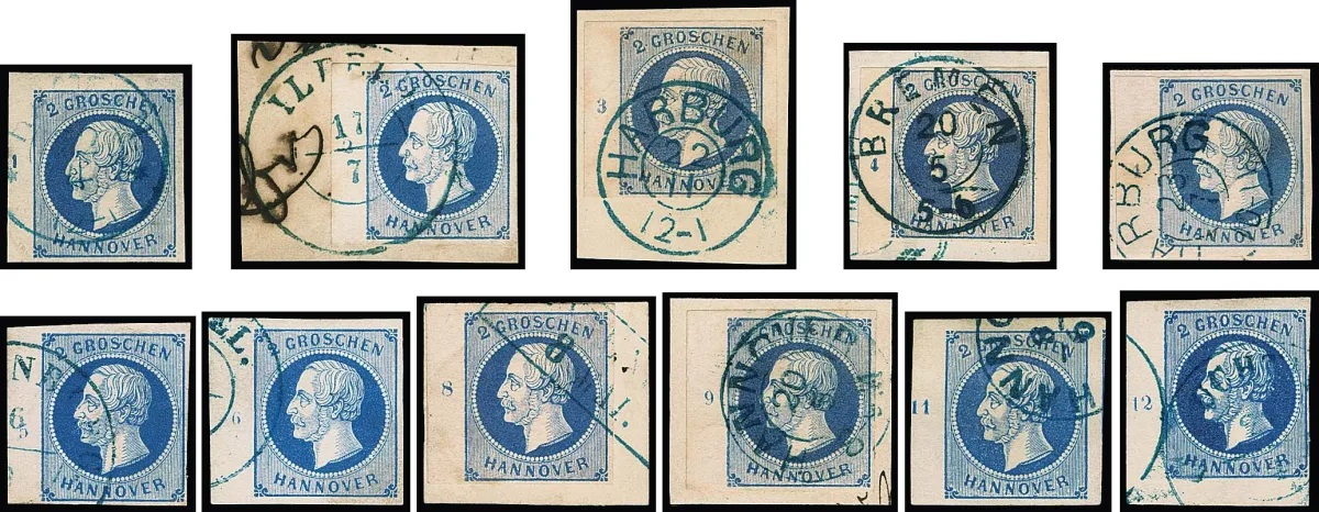 2 Gr. bleu, bande de bord de feuille gauche presque complète avec les numéros de rangée "1" à "12", sans "7" et "10" complets, dont "4" en deux positions différentes, deux exp. photo Berger