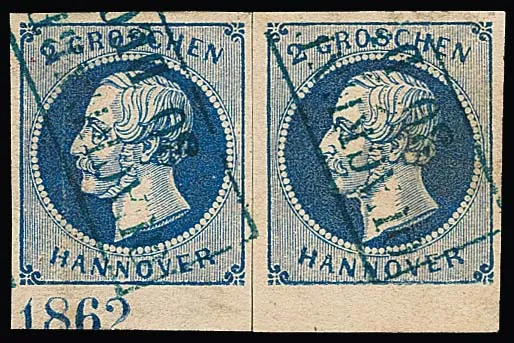 2 Gr. blue, two cancelled bottom margin pieces (formerly pair), left stamp with year "1862" (cabinet)