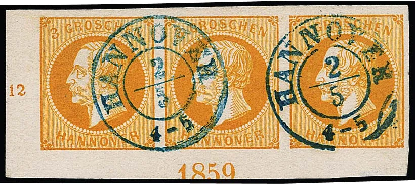 3 Gr. oranje in brede luxe strook van drie uit de linkeronderhoek van het vel met K2 "Hannover" en onderaan jaartal "1859" (positie II), onder…
