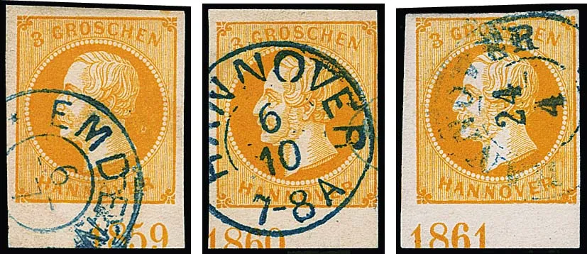 3 Gr. oranje, drie gestempelde onderrandstukken met de jaartallen "1859" (positie I, onberispelijk) en "1860" (foto-expertise Jäschke-L.) en "1861" (klein gebrek)