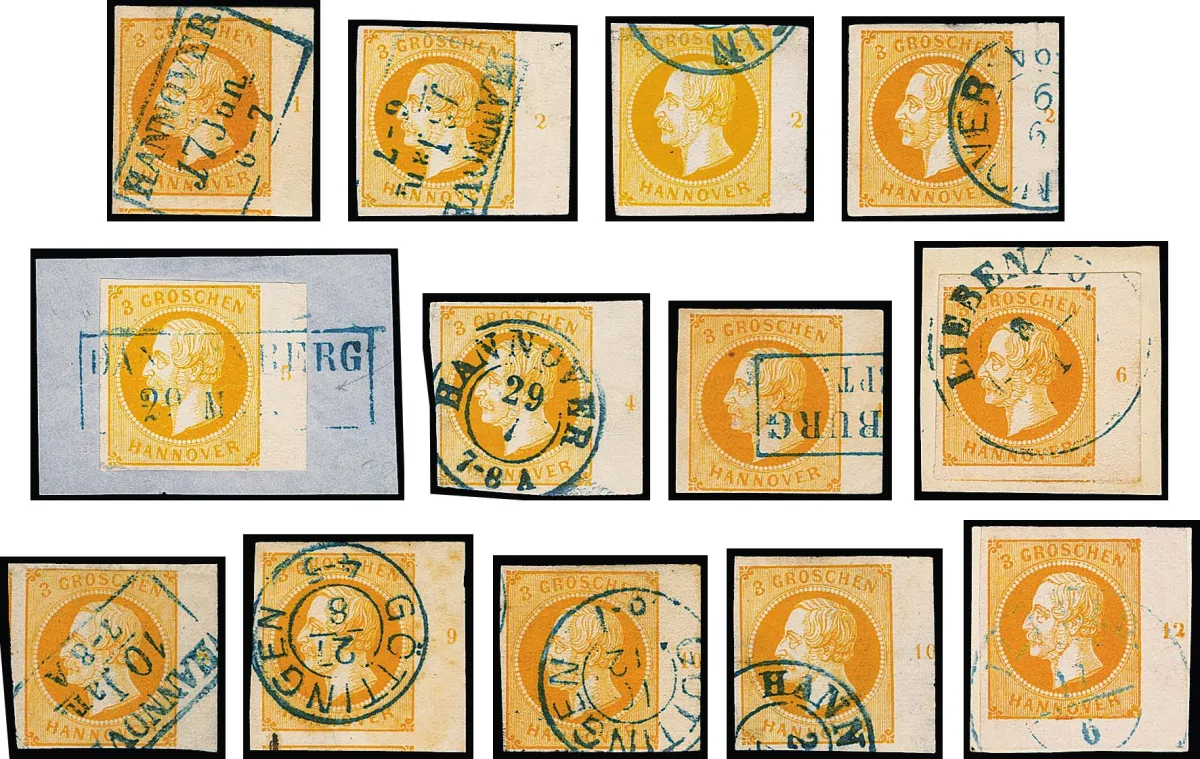 3 Gr. yellow to dark orange, almost complete sheet margin strip with row numbers "1", "2" (3, diff. positions), "4" (2), "5", "6", "8", "9", "10" (two diff.) and "12" (lower right corner), 13 margins, 2 photo exp. Berger