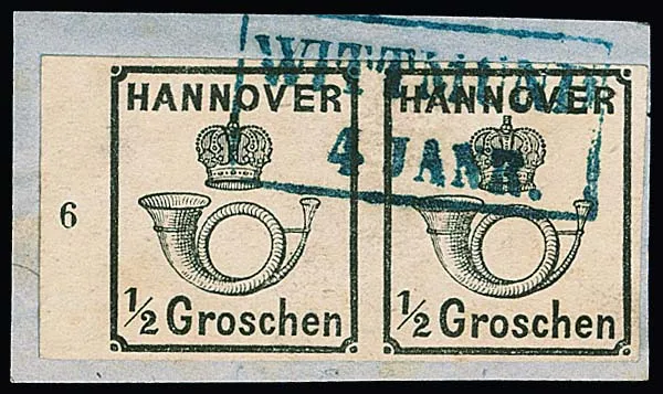 1/2 Gr. schwarz, weißer Gummi, seltenes Paar vom linken Bogenrand mit Reihenzahl "6" auf Kabinettbriefstück mit Ra2 "Wittmund" (die rechte untere Ecke war,…