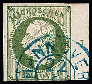 10 Gr. grün, sehr frisches rechtes Randstück mit Reihenzahl "7", K2 "Hannover", meist voll- bis breitrandig, rechts unten minimal an die Randlinie…