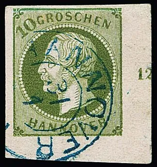 10 Gr. vert, malgré un bord supérieur complété, coin inférieur droit de feuille oblitéré très rare de ce timbre avec numéro de rangée "12", K2 "Hannover", sign. Berger, Brettl