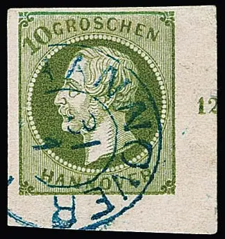 10 Gr. groen, ondanks een aangevulde bovenmarge, zeer zeldzame gestempelde rechterondervelhoek van deze zegel met rijnummer "12", K2 "Hannover", sign. Berger, Brettl